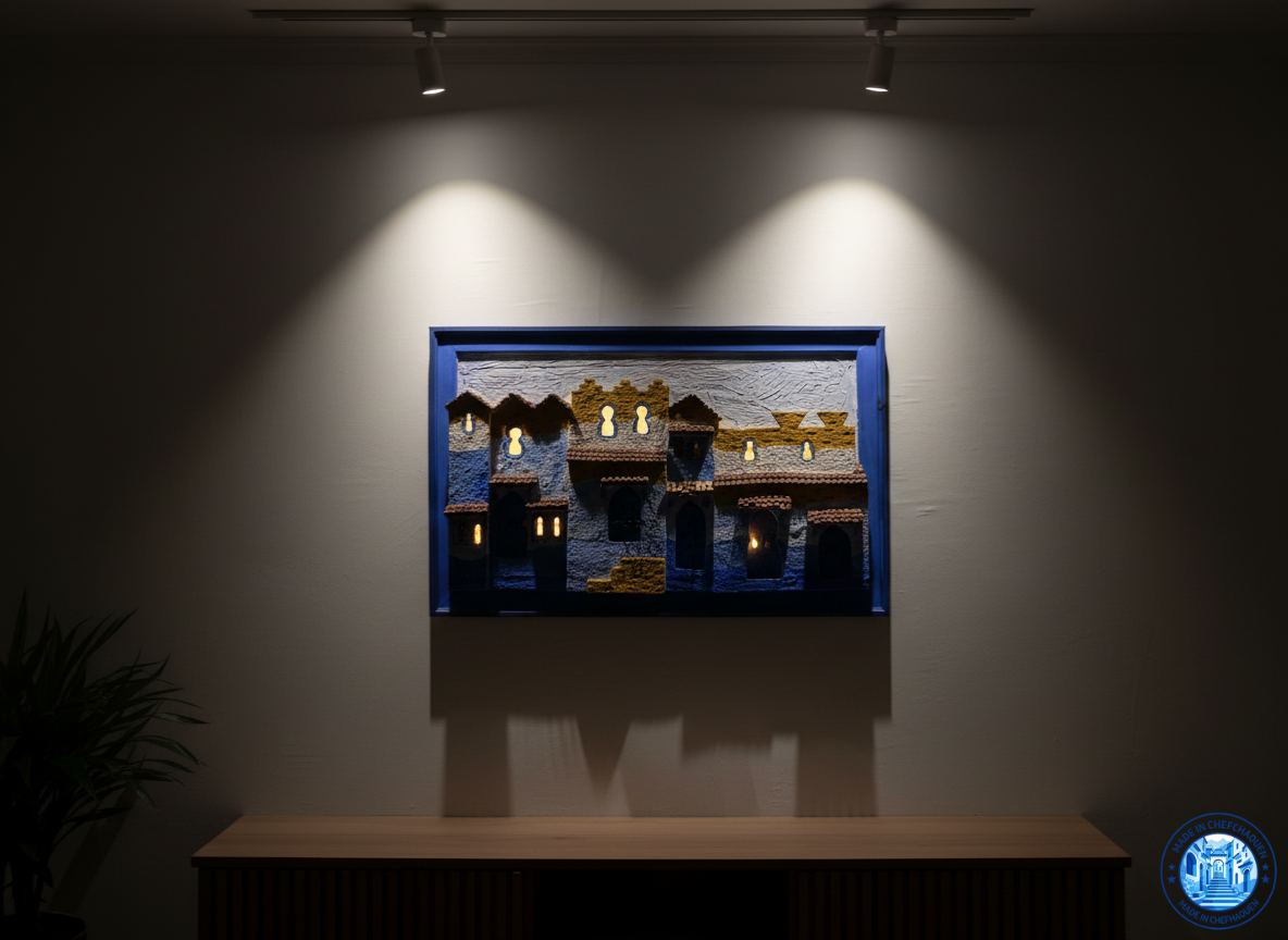 Chefchaouen 3D Illuminated Wall Art – Handmade Moroccan Blue City Artwork with Integrated Night Lights