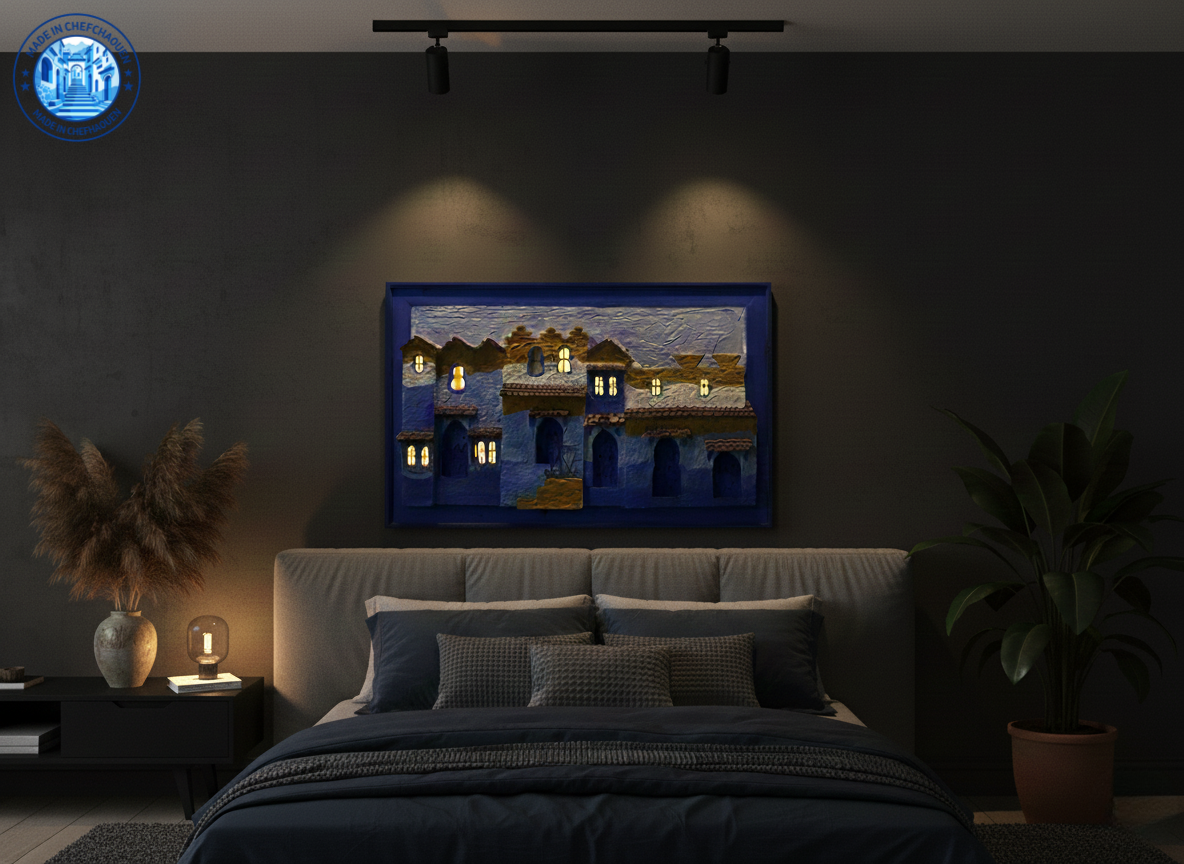 Chefchaouen 3D Illuminated Wall Art – Handmade Moroccan Blue City Artwork with Integrated Night Lights